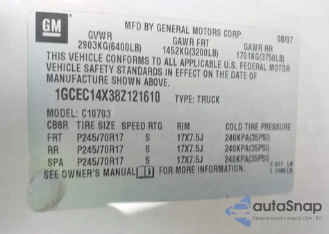 2008 Chevrolet Silverado 1500 Work Truck z USA, uszkodzony, nr VIN 1GCEC14X38Z121610